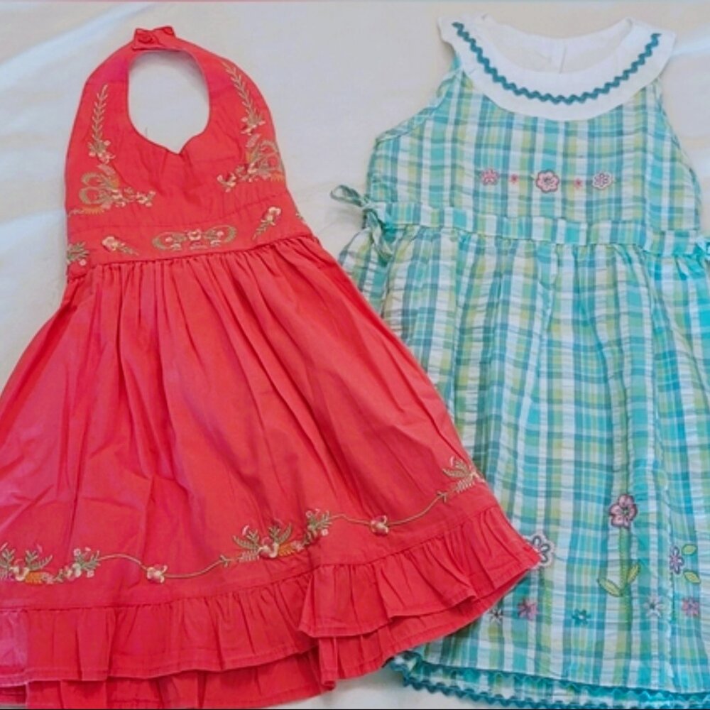 EUC- Floral Embroidered Girls Dresses - Pink Halter and Blue Plaid , Sz 4
